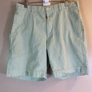 Brooks Brothers 346 Shorts Men 34 Green White Stripes Chino Flat Seersucker